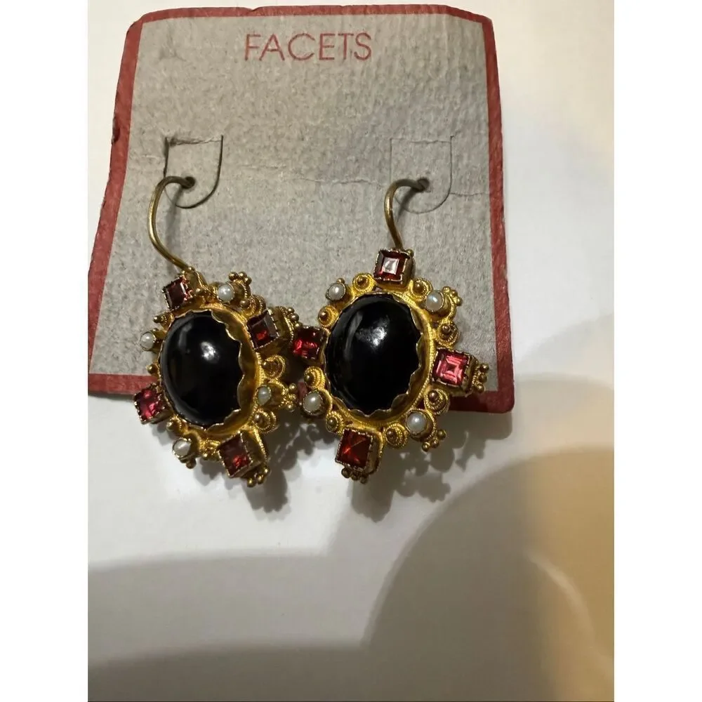 Facets Womens 925 Sterling Silver Black Onyx Garnet Pearl Leverback Earrings NWT